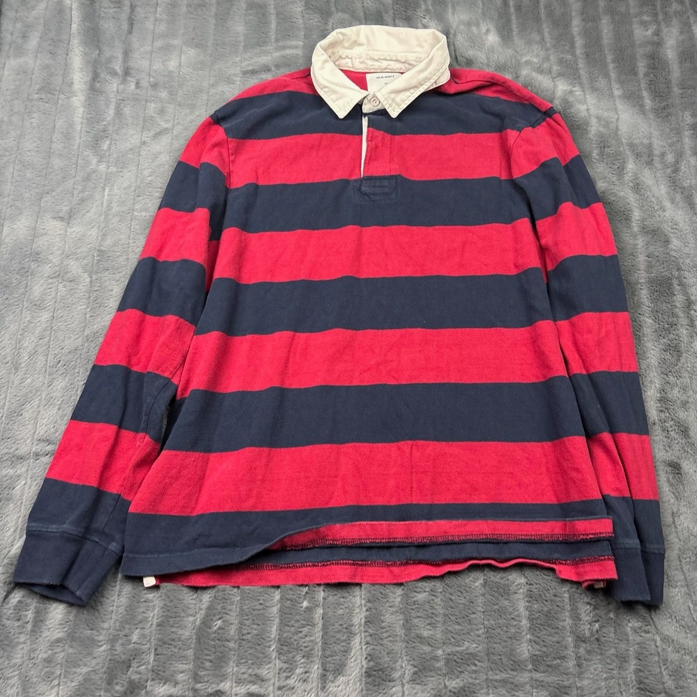Old Navy Mens XXL Red Navy Blue Striped Long Sleeve Rugby Polo Shirt 100% Cotton
